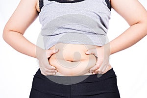 Fat woman holding excessive fat belly, overweight fatty belly  on over white background. Diet lifestyle, weight loss,