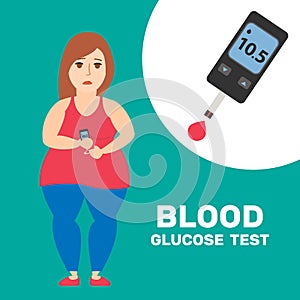 Fat woman holding hand glucose meter. blood sugar test for diabetes