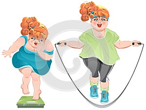 Fat woman with horror looks at the scales, and then jumps on a skipping rope