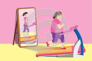 Fat woman jogging on electric treadmill but mirror reflecting a slim woman.