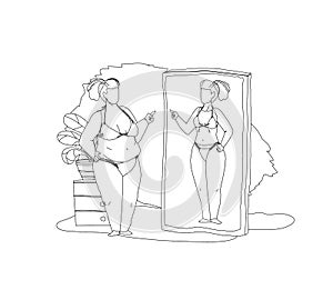 Fat woman looking at mirror seeing slim beauty reflection