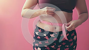 Fat woman measuring her waist close up. Measuring tape wrapped around her waist. Isolated against a pink background. Generative ai
