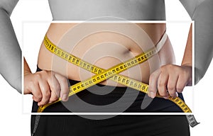 Fat woman measuring her waist with a yellow measuring tape. Reduction of overweight and obesity treatment. Healthy lifestyle