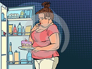 Fat woman at the open refrigerator with food, obesity and excess weight photo