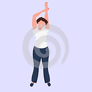 Fat woman raising hands up standing pose obese female cartoon character smiling girl posing flat full length