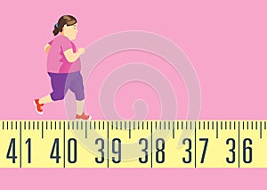 Fat woman running on tape measure for get in shape and lose weight.