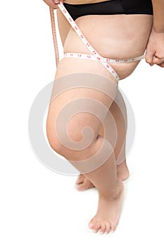 fat woman show squeeze tighten leg body fat by measure tape