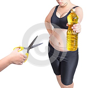 Fat woman show vegetable oil and hand cut over cholesterol body isolated on white