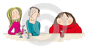 Fat woman sitting next to the dating couple, feeling alone.
