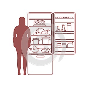 Fat woman stands at the fridge full of food. Harmful eating habits.