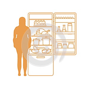 Fat woman stands at the fridge full of food. Harmful eating habits.