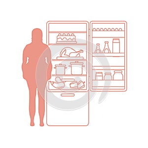 Fat woman stands at the fridge full of food. Harmful eating habits.