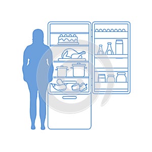 Fat woman stands at the fridge full of food. Harmful eating habits.