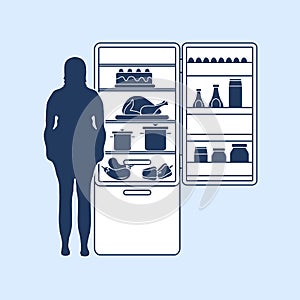 Fat woman stands at the fridge full of food. Harmful eating habits.