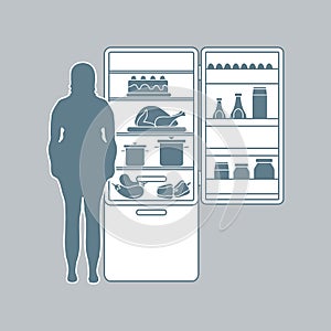 Fat woman stands at the fridge full of food. Harmful eating habits.