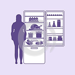 Fat woman stands at the fridge full of food. Harmful eating habits.