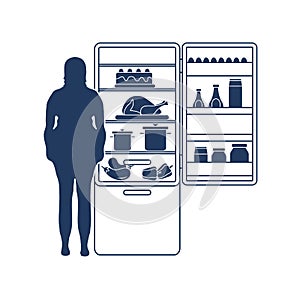 Fat woman stands at the fridge full of food. Harmful eating habits.