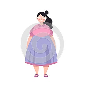 Fat woman stands isolated on white background. Overweight woman in cartoon style.