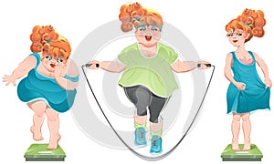 Fat woman stares at the scales. She lost weight. Thin red-haired girl standing on the scales