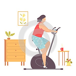 Fat woman on a stationary bike doing cardio exercise at home. Weight loss. Healthy lifestyle. Vector illustration in
