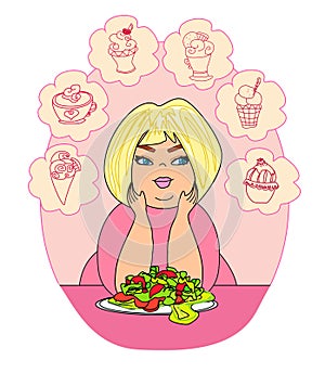 Fat woman temptations, hand drawing illustration photo