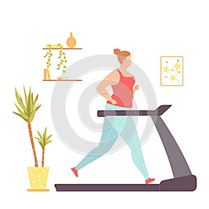 Fat woman on a treadmill doing cardio exercises at home. Weight loss. Healthy lifestyle. Vector illustration in hand drawn flat
