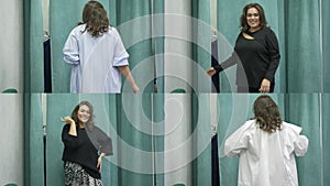 A fat woman tries on clothes in a fitting room in a plus size store. Collage.