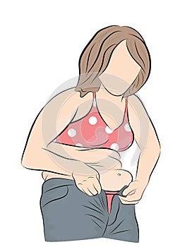 Fat woman trying to fasten her pants. weight loss concept. vector illustration.