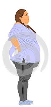 Fat woman vector illustration isolated on white background. Overweight person trouble. Big girl think about food calorie.