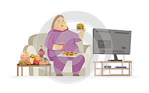 Fat woman watching TV - cartoon people character isolated illustration