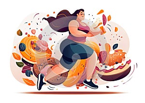 Fat woman wears sports clothes, pushes away delicious food while running.