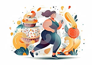 Fat woman wears sports clothes, pushes away delicious food while running.