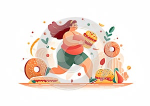 Fat woman wears sports clothes, pushes away delicious food while running.