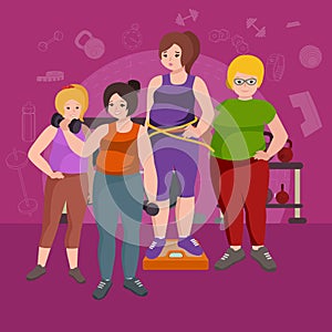 Fat womans. Young pretty cartoon style fitness female in gym.