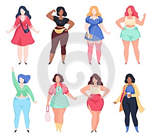 Fat women. Charming plus size woman in fashionable casual clothes set, sexy models curvy body positive, happy lovely