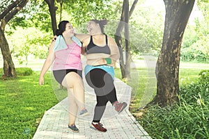 Fat women exercising in the park