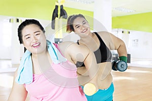 Fat women lift dumbbells in the fitness center