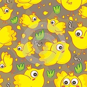Fat Yellow Bird Food Earthworm Seamless Pattern