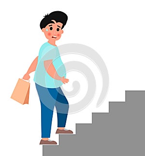 Fat young man climb up the stairs. Vector illustration on white background