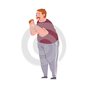 Fat Young Man Eating Burger, Obese Person Enjoying of Fast Food Dish, Unhealthy Diet and Lifestyle Vector Illustration