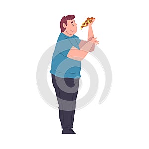 Fat Young Man Eating Pizza, Side View of Obese Guy Enjoying of Fast Food Dish, Unhealthy Diet and Lifestyle Vector