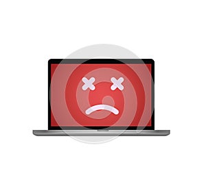 Fatal error in pc system. Dead face on laptop screen  illustration. Isolated mobile computer with software failure