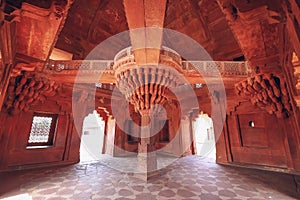 Fatehpur Sikri Agra red sandstone architecture details of pillar structure with lotus top at Agra, India