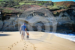 Father and 2 year old son walking along sand at the beach from b