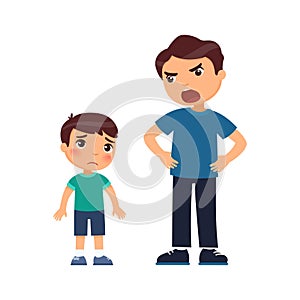 The father angrily scolds the little sad son. Abusive parenting concept.