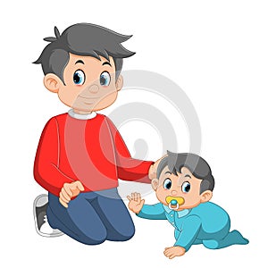 father and baby crawling, enjoy together