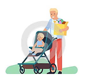 Father and baby in stroller with package of groceries. Man carrying shopping bag and pushing pram. Toddler in buggy