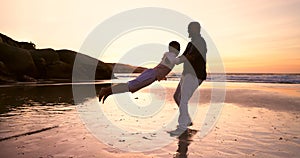 Father, beach and playing swing with boy, happy and smile for joy, sunset and playful. Parent, child and fun with dad