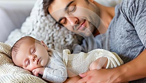 Father bonding with newborn baby at home on blurred background, copy space for text