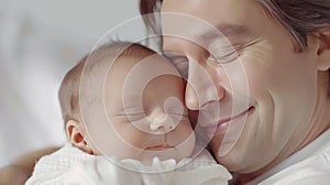 Father bonding with newborn baby at home, soft focus background with space for text placement